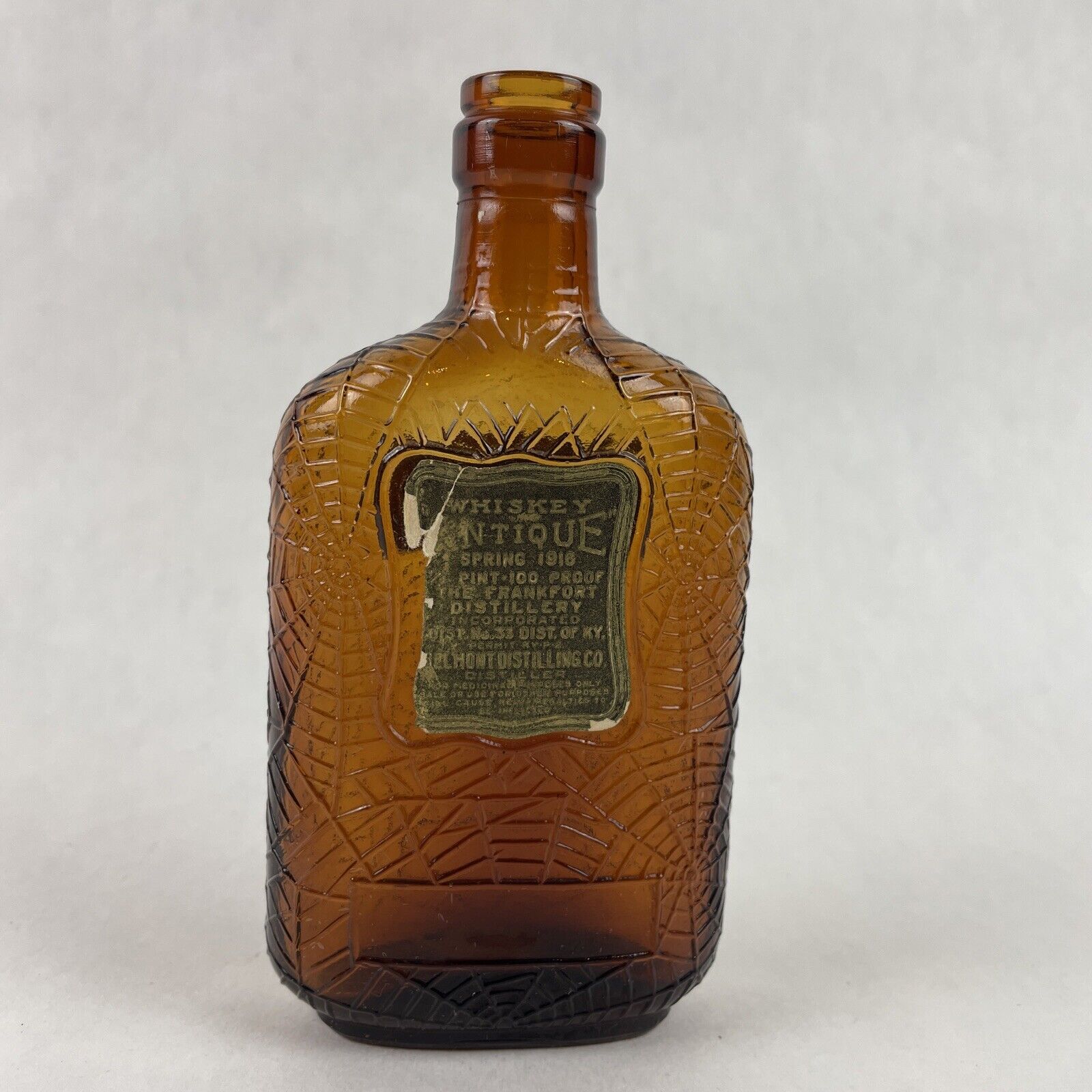 Antique Spiritus Frumenti 100 Proof 1/4 Pint Whiskey Bottle Flask Spider Web