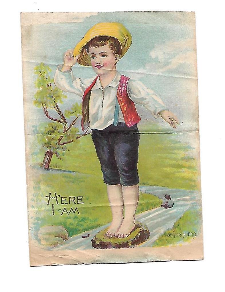 HERE I AM Boy on Stone in Stream Straw Hat Vest No Advertising Vict Card c1880s