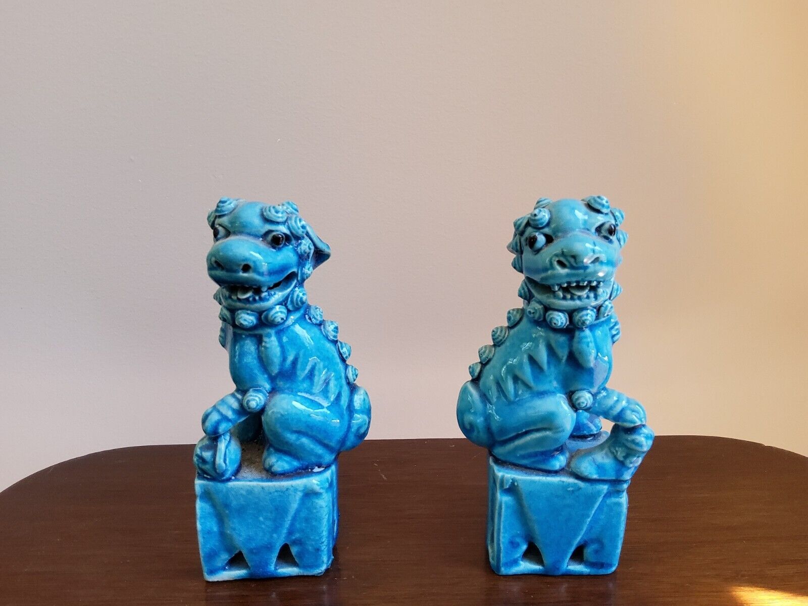 Small Pair Vintage Turquoise Ceramic Foo Dogs