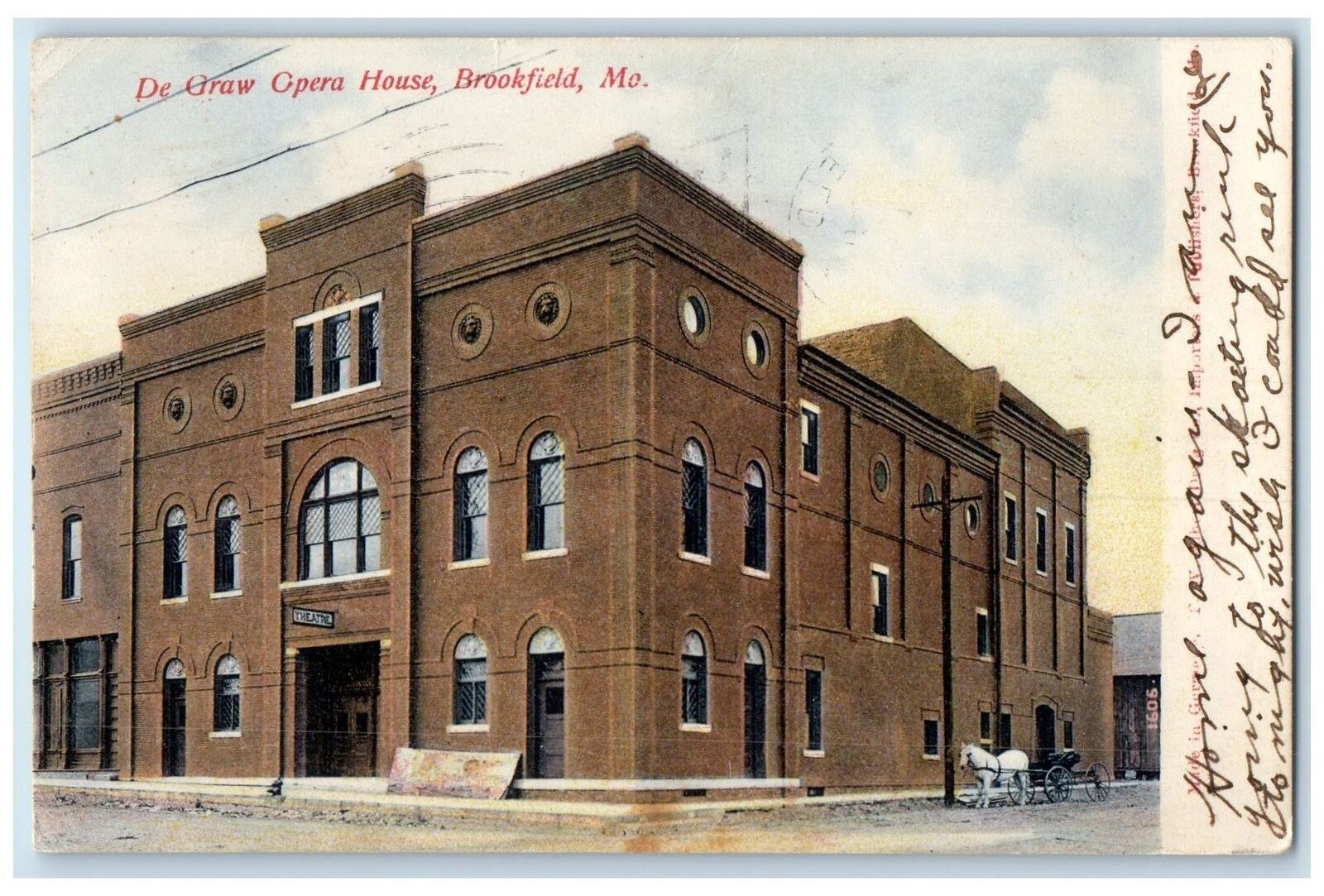 1907 De Graw Opera House Building Horse Carriage Brookfield Missouri MO Postcard