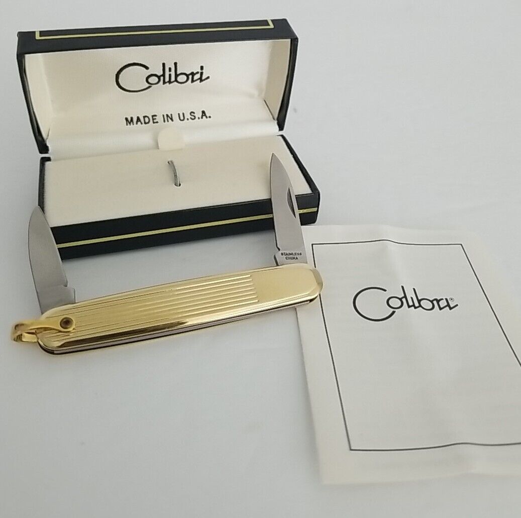 Vintage New Old Stock Colibri 2 Blade Gold Pocket Knife Key Chain With Box