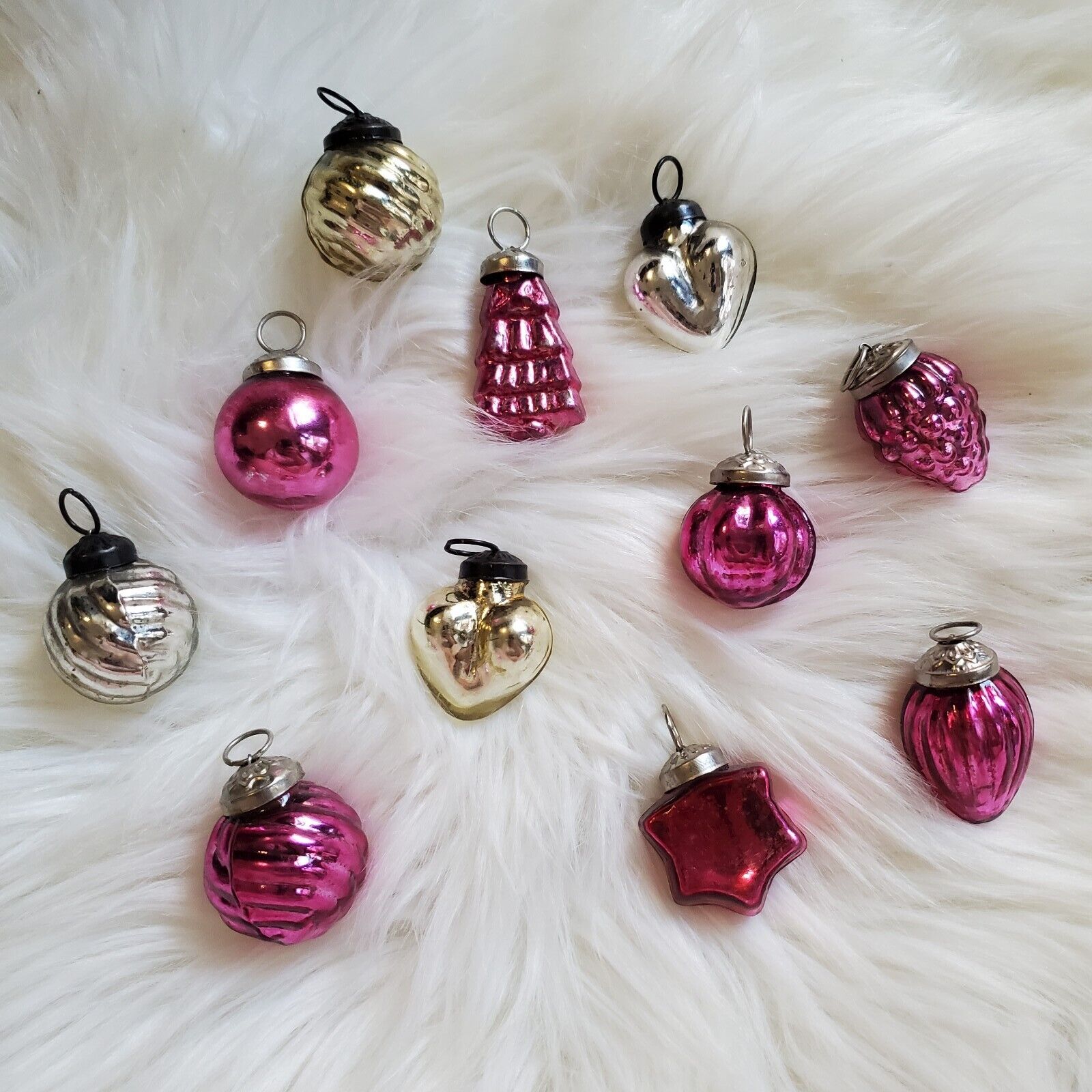 Vintage Old World Kugel Style Mercury Glass Christmas Ornaments Pink Silver