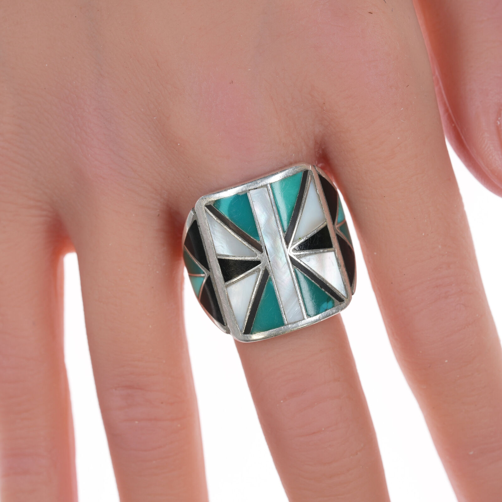 sz10.5 Vintage Zuni Turquoise, Jet, and shell channel inlay sterling ring