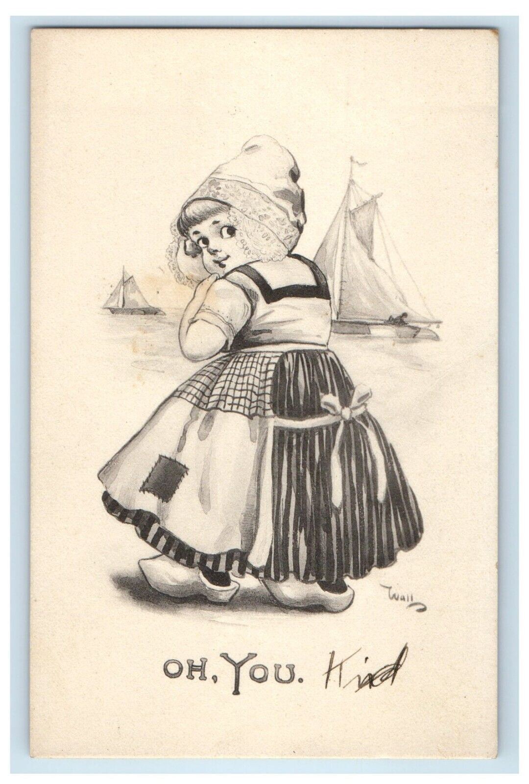 c1910's Dutch Girl Dress Apron Boat Posted Antique Wall Postcard