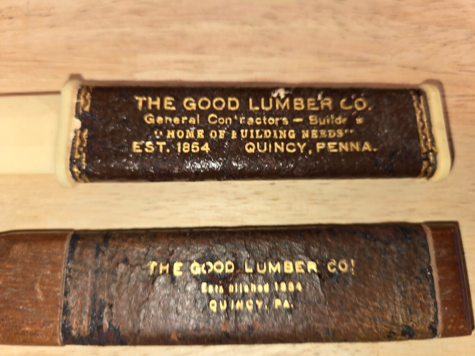 VTG PAIR THE GOOD LUMBER COMPANY QUINCY PENNSYLVANIA WOOD PLASTIC LETTER OPENERS