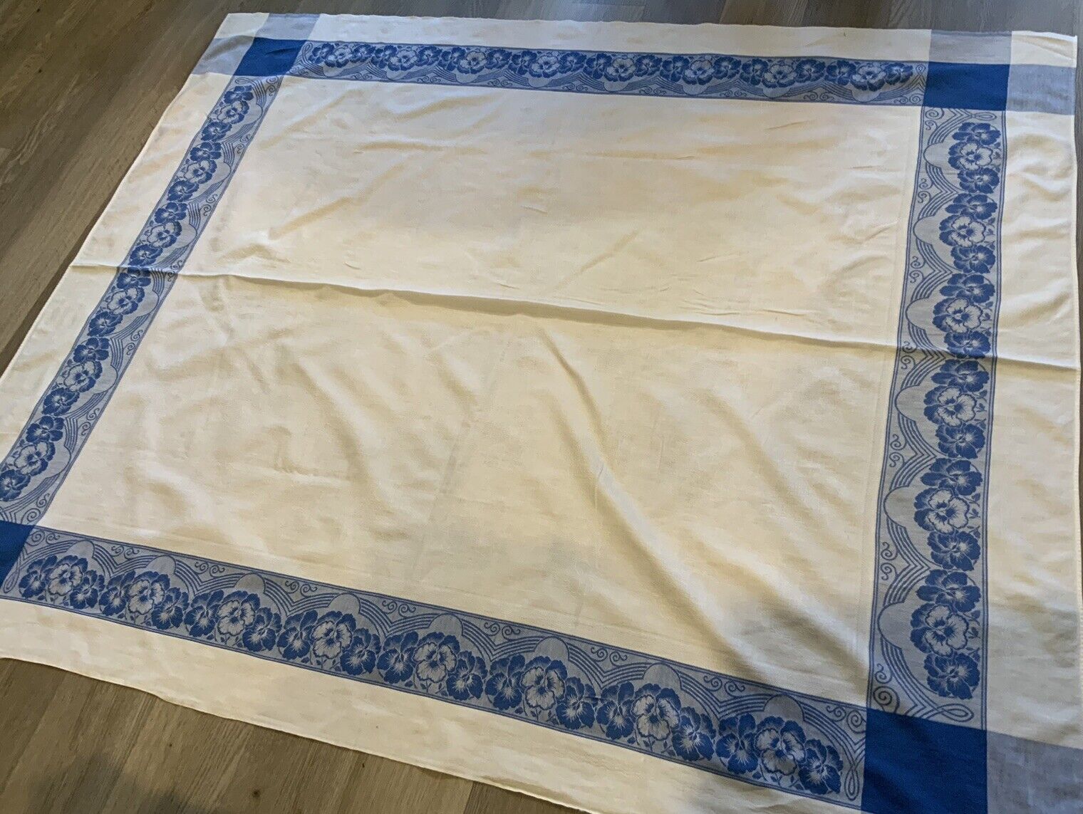 Large Vintage Rectangle Tablecloth, Woven Flower Design, Blue & White, Cotton