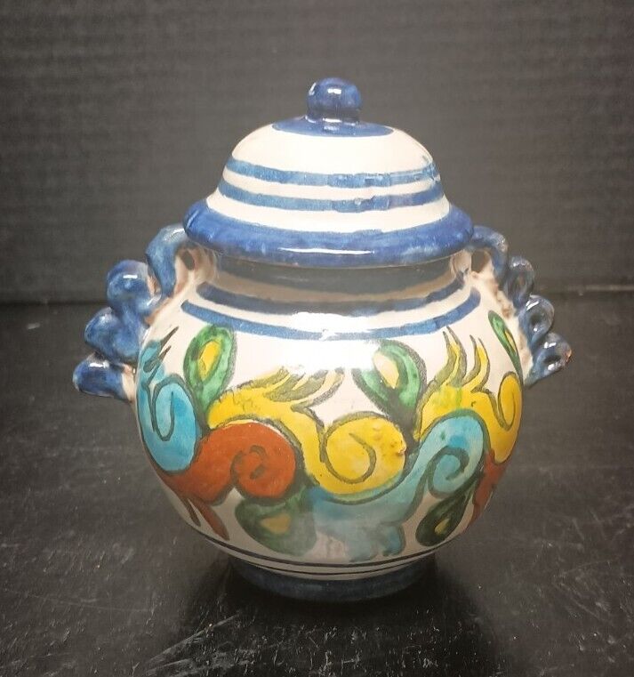 Vintage 1940s Hand Painted Talavera Pottery Sugar Bowl / Covered Relish Bowl