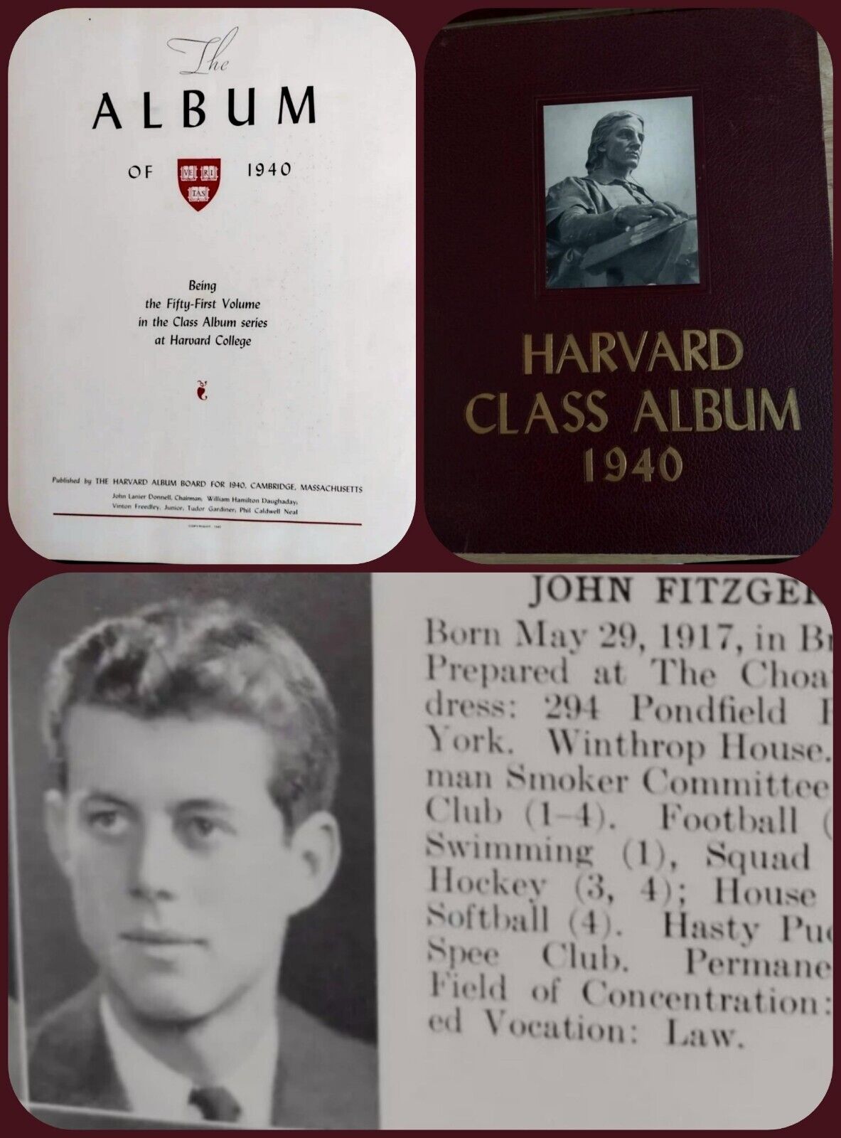 John Fitzgerald Kennedy 1940 Senior Harvard College Yearbook JFK 