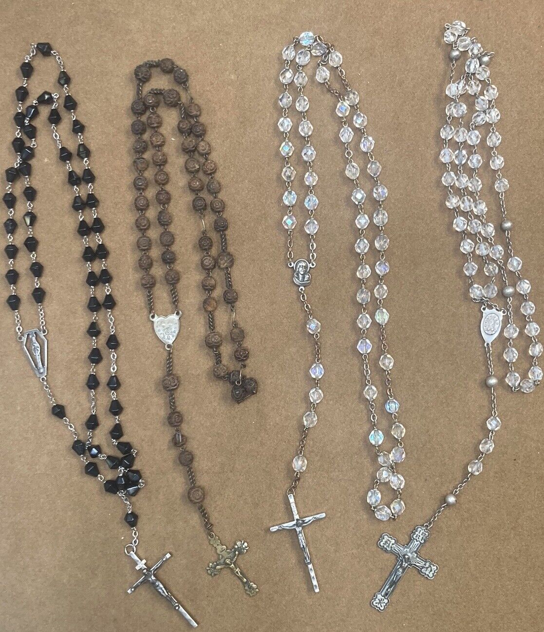 Vintage Catholic Rosary Lot of 4 Crystal, Carved, & Black Beads Sterling Italy