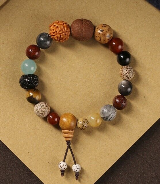 Natural 18 Bodhi Seed & Gem Beads Buddhist Prayer Bead Mala Bracelet