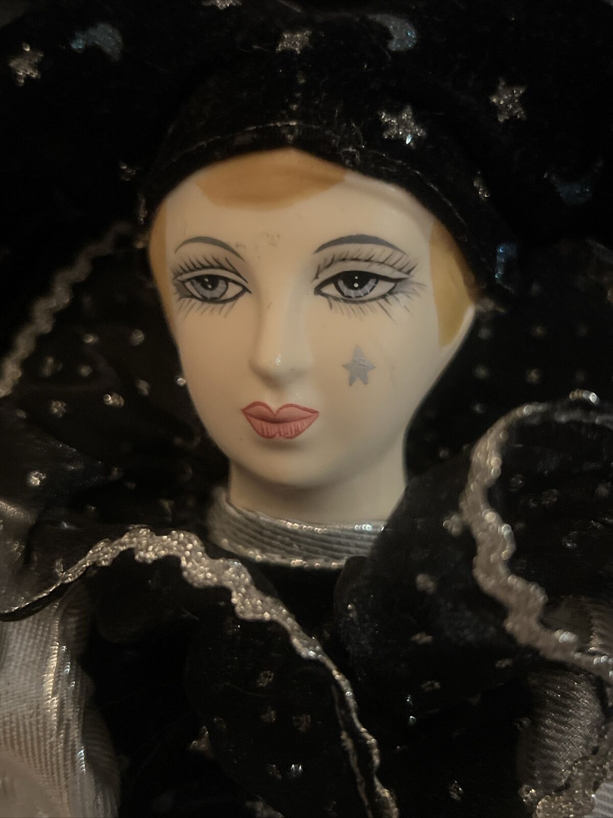 Porcelain Clown Jester Doll 16.5” Black Silver Stars Vintage