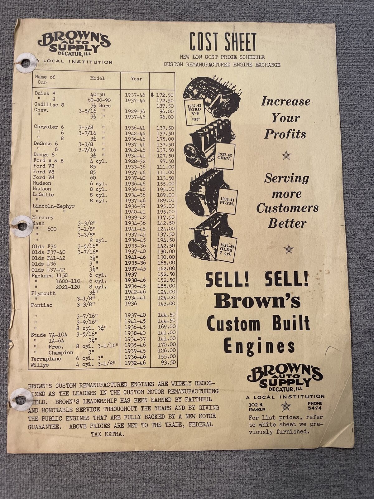 1947 Original Brown’s Auto Supply Remanufactured Engine Exchange Cost Sheet