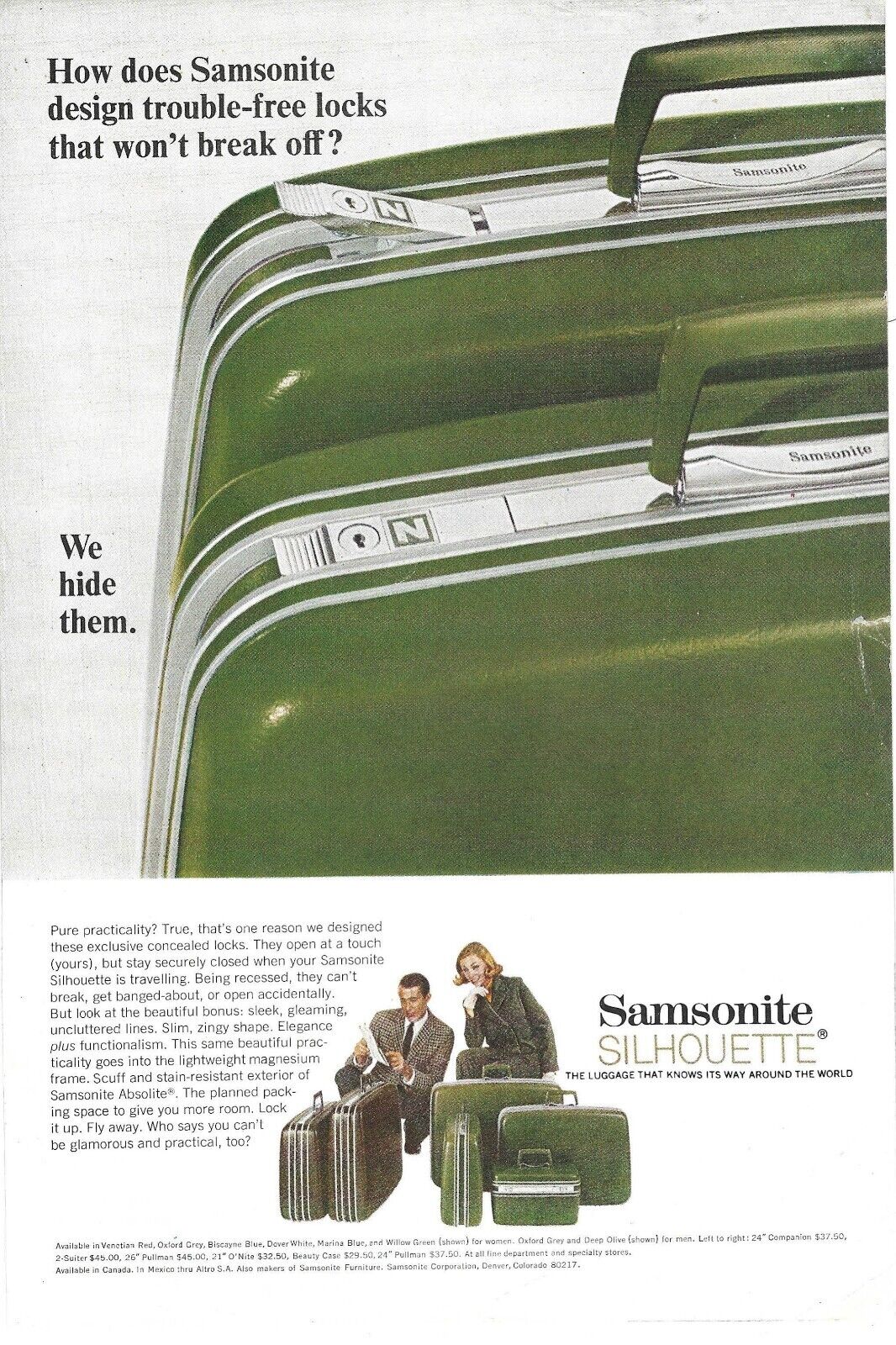 1967 Samsonite Silhouette Luggage Vintage Color Print Ad Ephemera