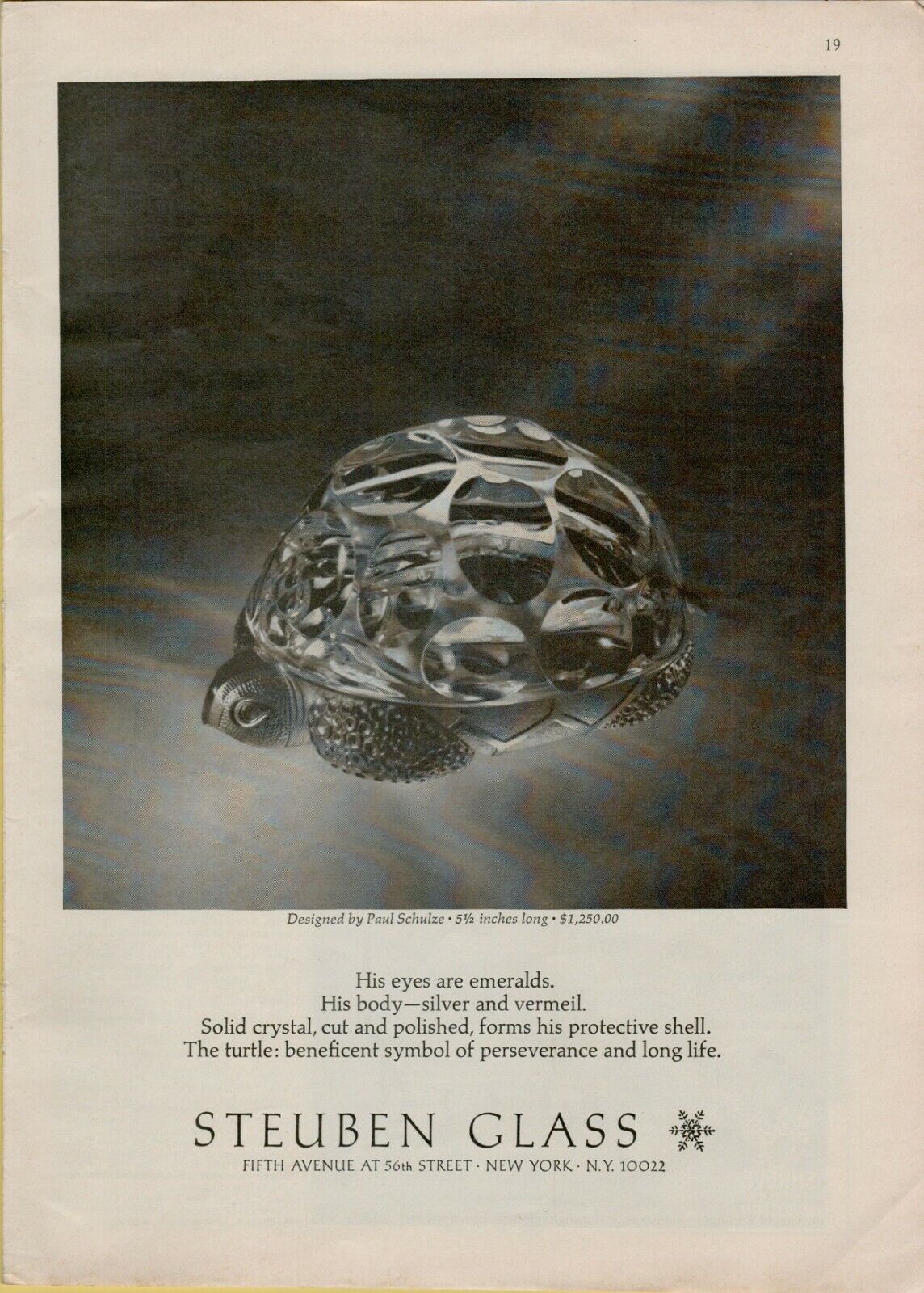 1969 Steuben Glass Tortoise Paul Schulze Design Emerald  Original Print Ad 