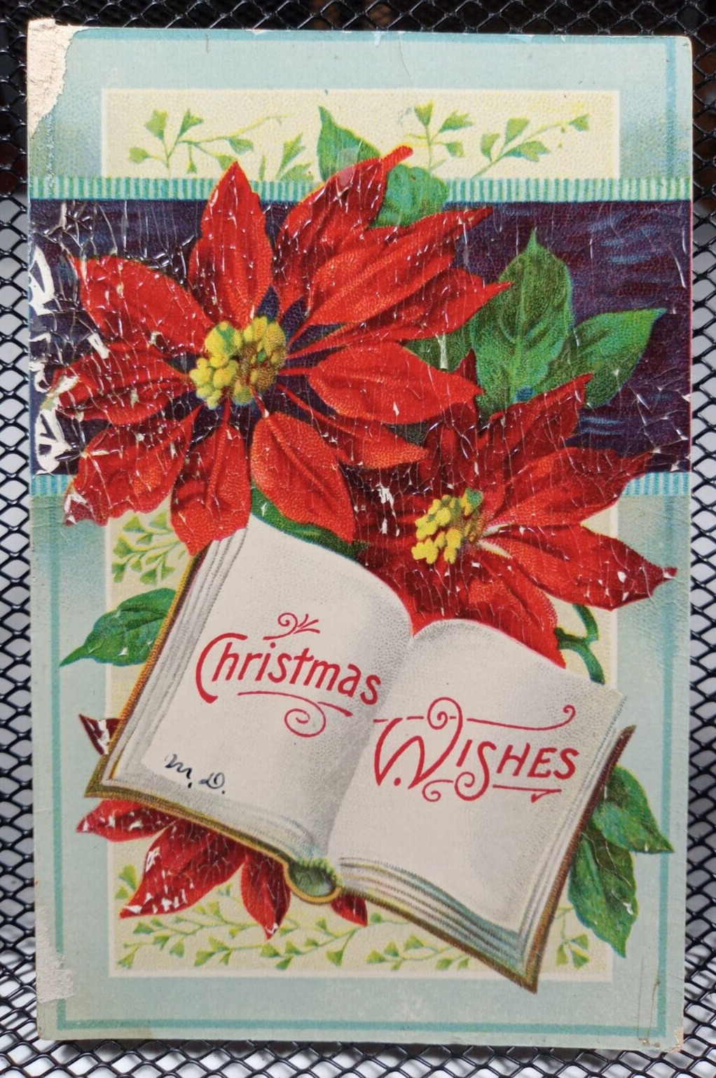 Antique Christmas Postcard Germany Embossed Poinsettia Flower Wishes Book Purple