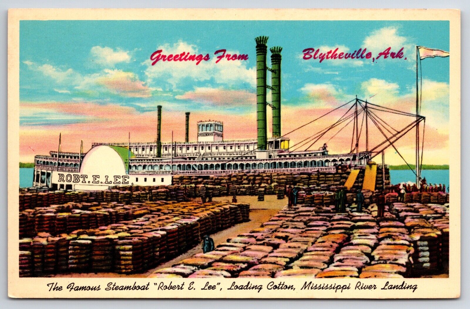 Steamboat Robert E Lee Blytheville Arkansas Loading Cotton Mississippi Postcard