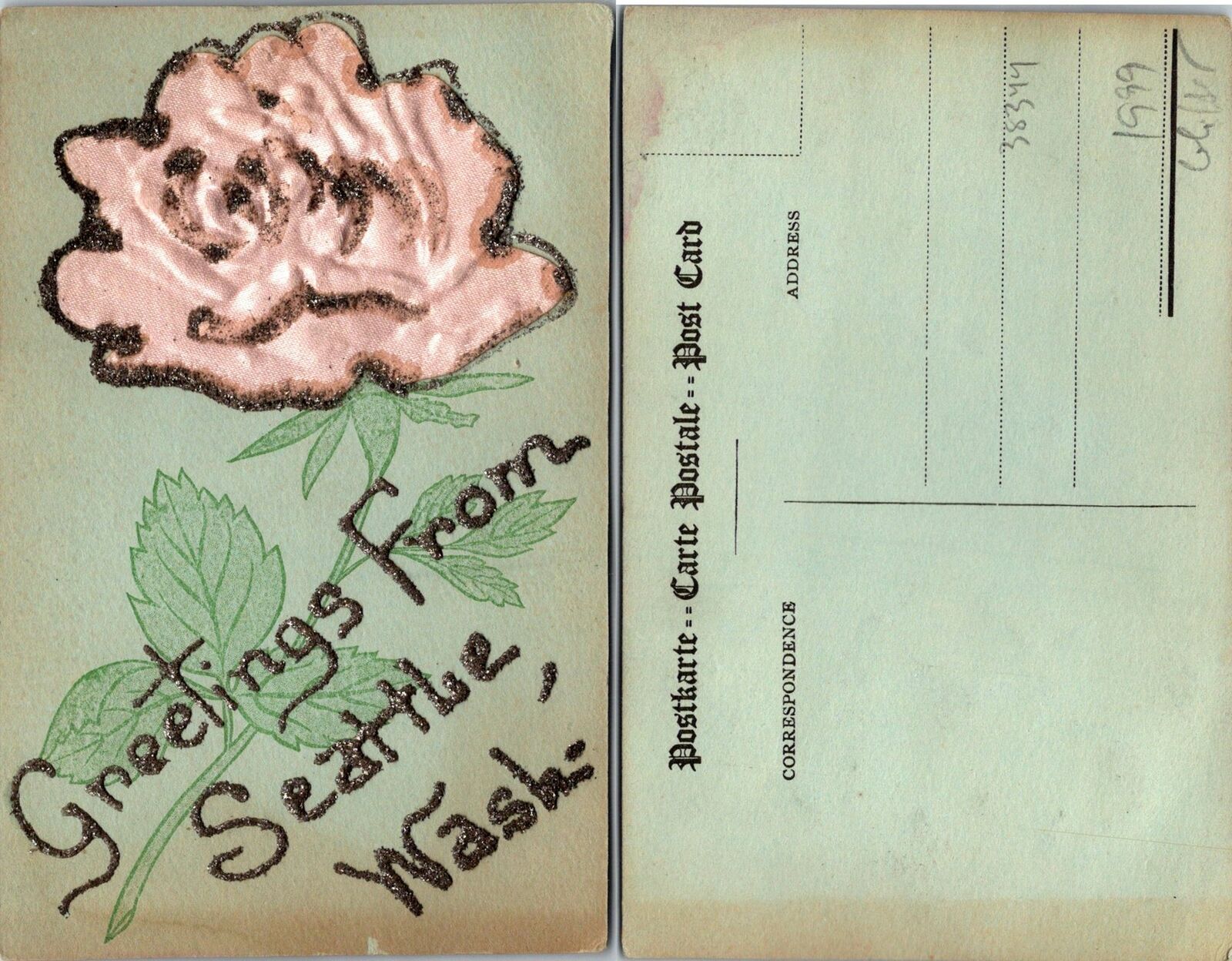 Greetings from Seattle WA Flower Embossed Glitter Postcard Unused (38344)