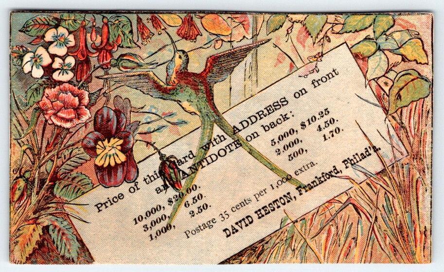 1880's POISONS & ANTIDOTES SAMPLE CARD PRICE LIST DAVID HESTON PHILADELPHIA PA