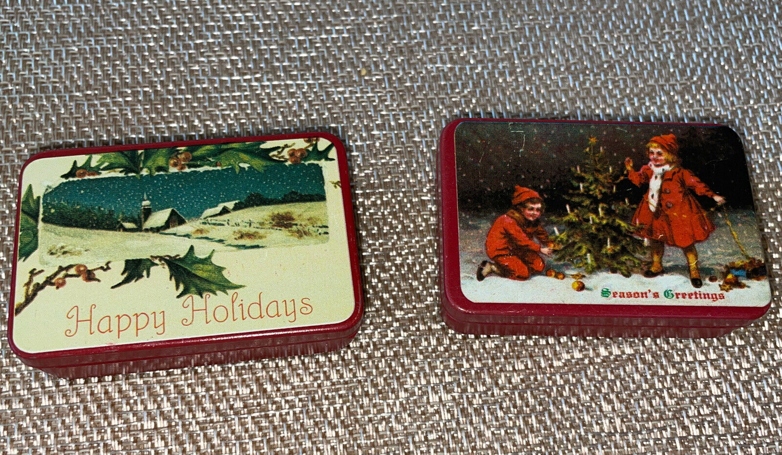 2 Vintage Tiny mini Pocket Size Tins Seasons Greetings Happy Holidays Christmas