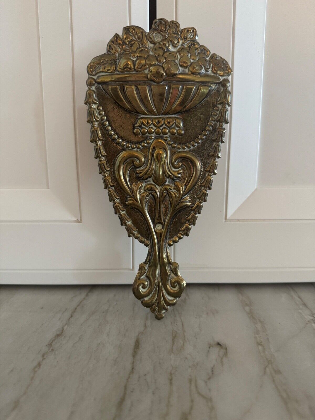 Antique English Brass Floral Wall Pocket