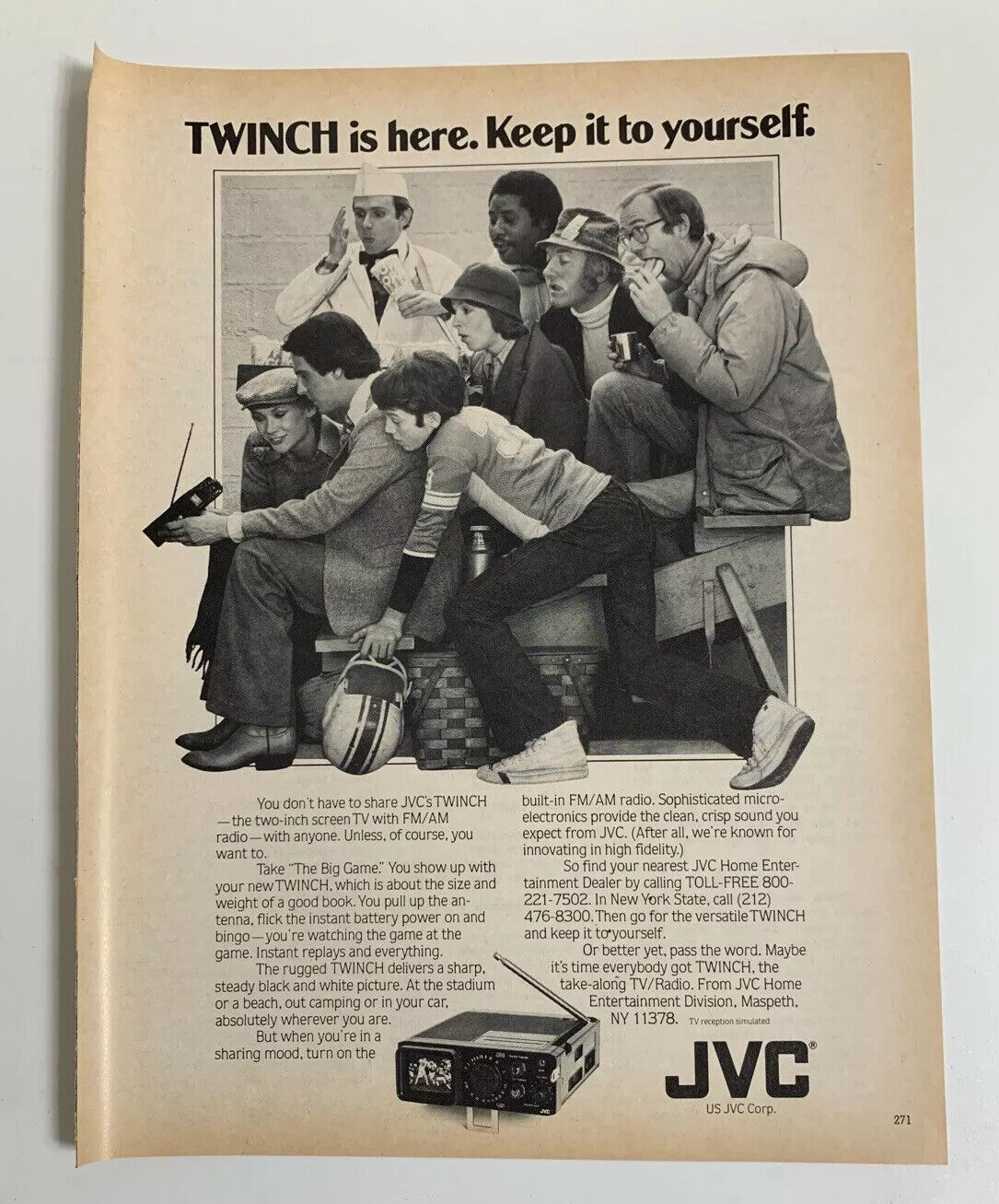 1980 JVC Twinch TV AM FM Radio Print Ad Original Vintage Keep It To Yourself