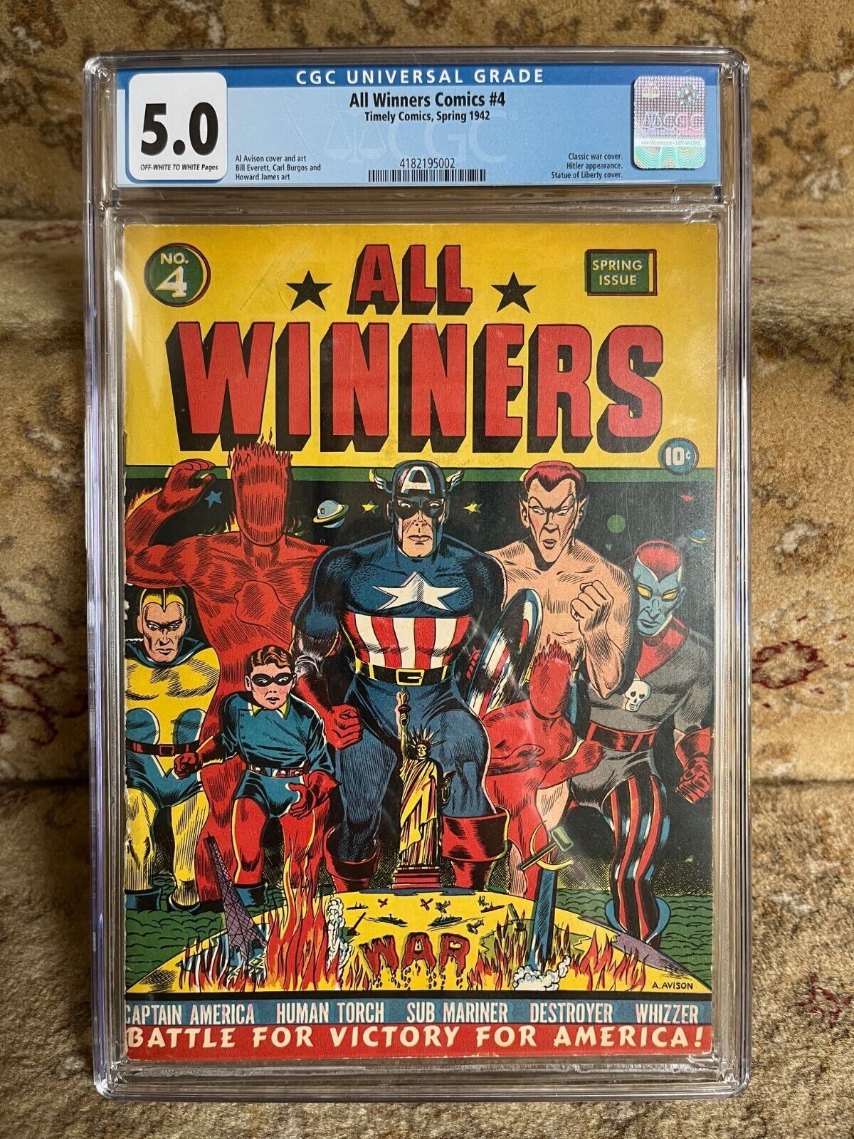 All Winners #4 CGC 5.0 Timely 1942 Classic War & Statue Of Liberty Cover Avison
