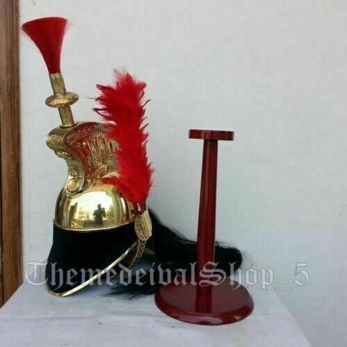 Napoleon Style French Helmet Brass Helmet W/ Red Plume With Wooden Stand Gift