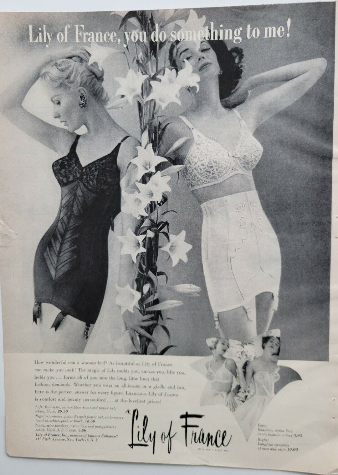 1956 women\'s Lily of France black white girdle bra vintage fashion ad