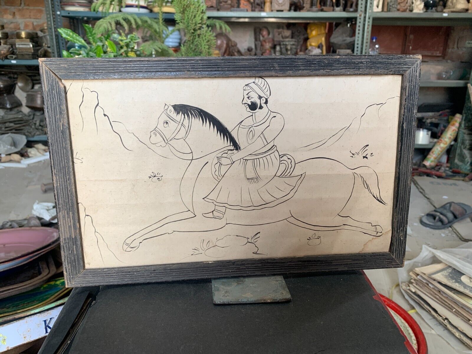 Antique Old Handmade Miniature Pencil Sketch Of Mughal King Rider Wooden Framed