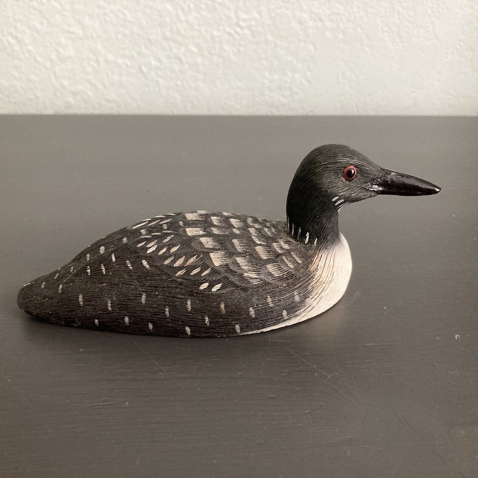 Vintage Mini Loon Decoy with Glass Eyes Dated 1989 Signed by Artist
