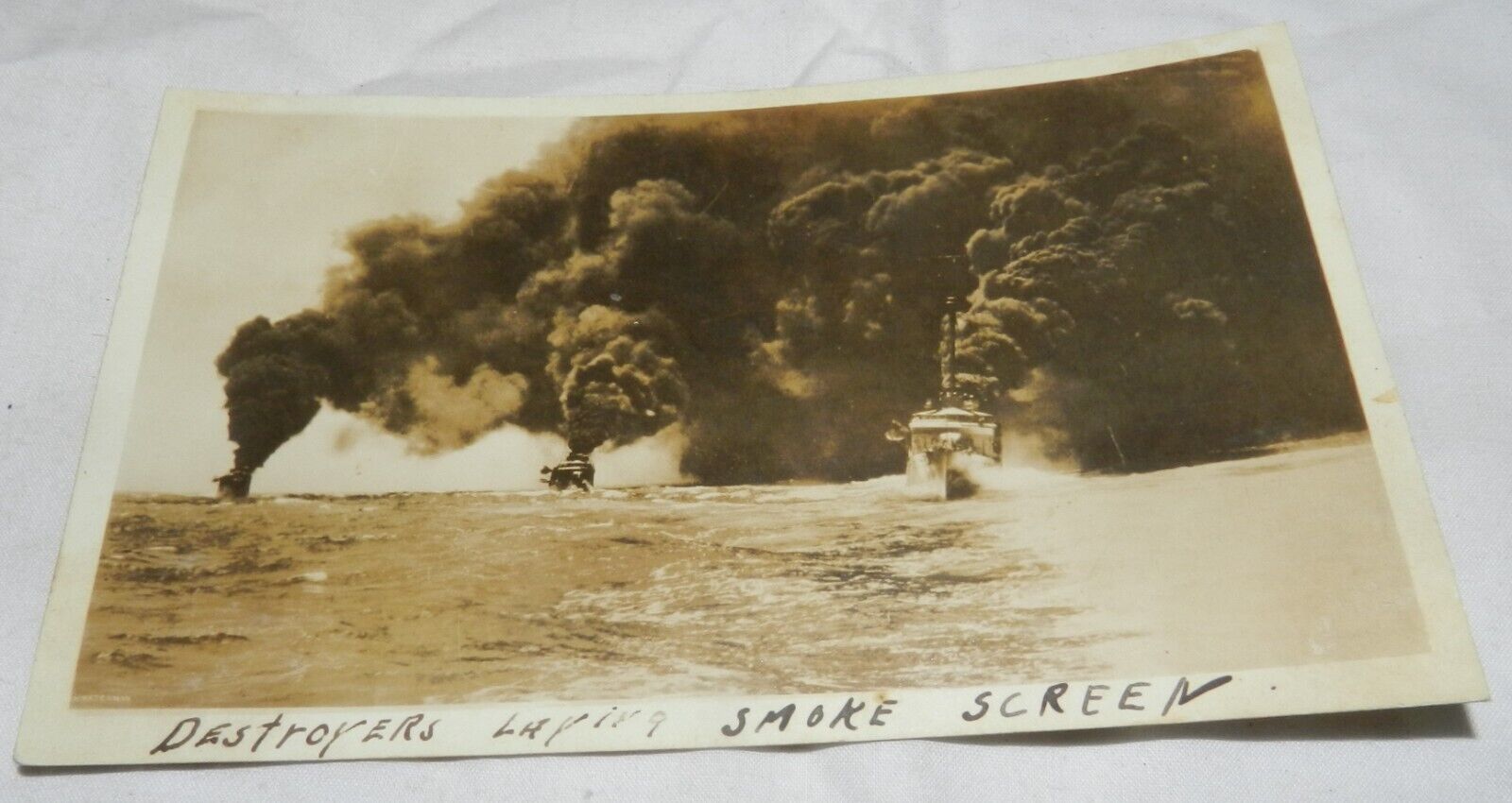Vintage Real Photo Postcard RPPC - Naval Destroyers Laying Smoke Screen on ocean