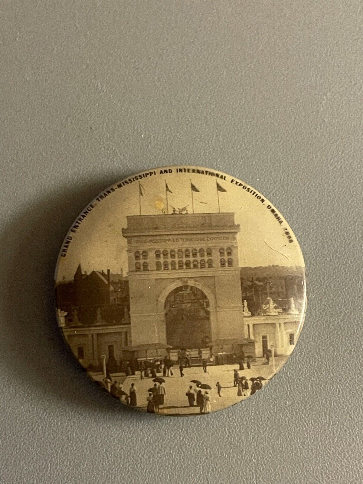 1898 Rare Real Photo Button Grand Entrance Trans-Mississippi Exposition Omaha NE