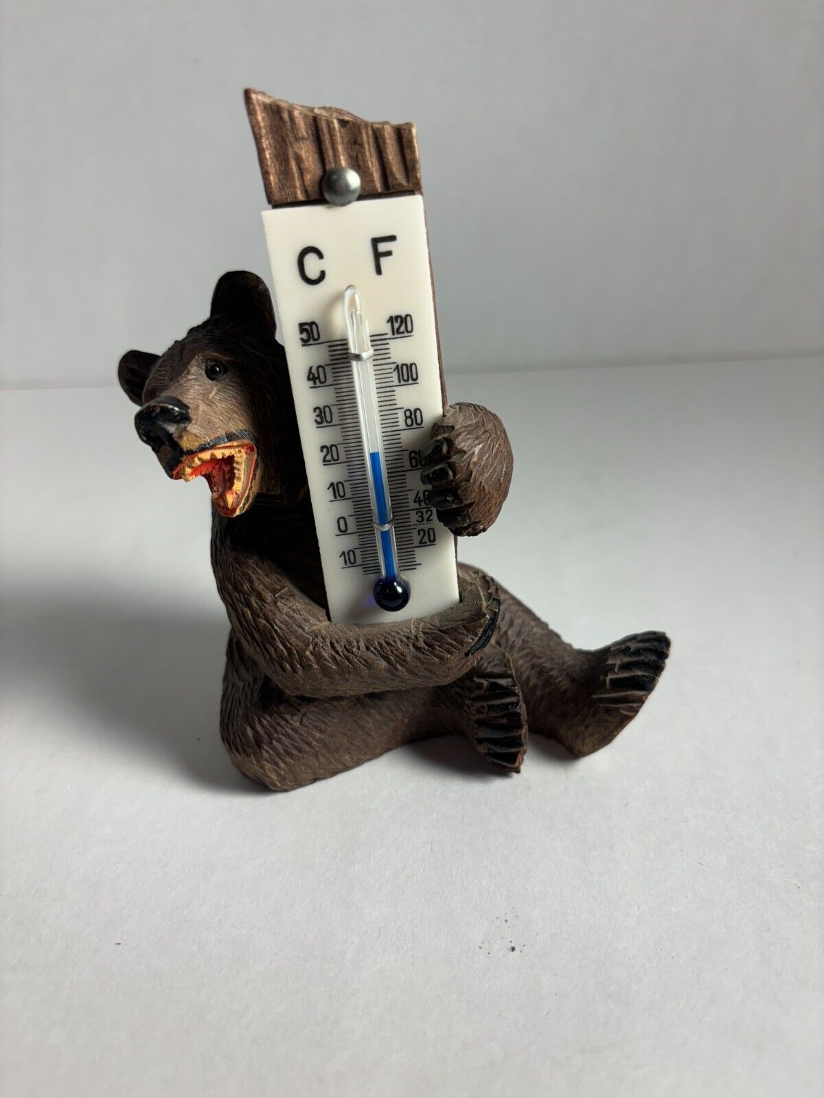 Antique Swiss  Hand Carved Bear Thermometer Black Forest Rare Glass Eyes 1900's
