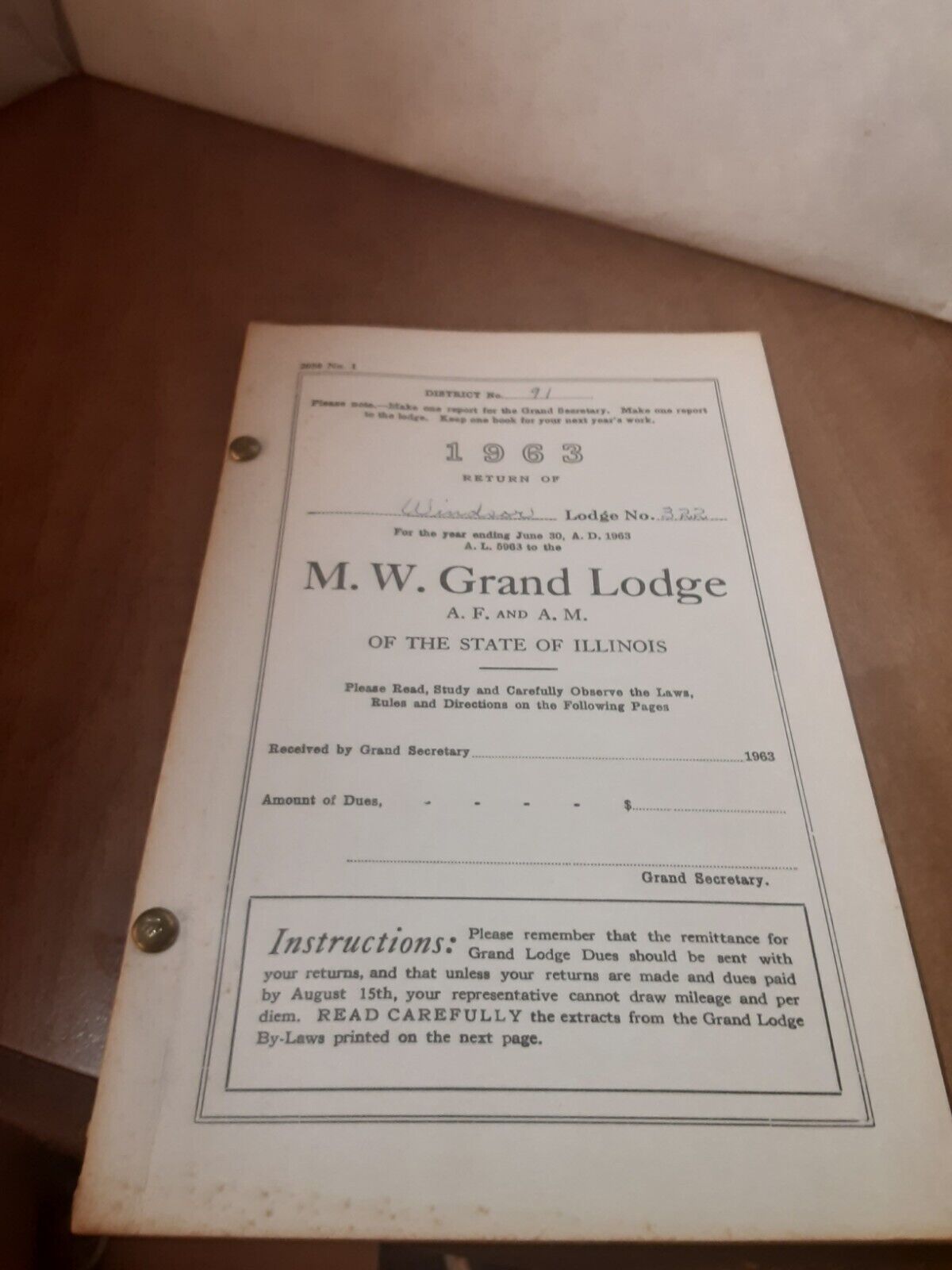Antique Masonic Official Grand Lodge of the State of Illinois Lodge Report 1963
