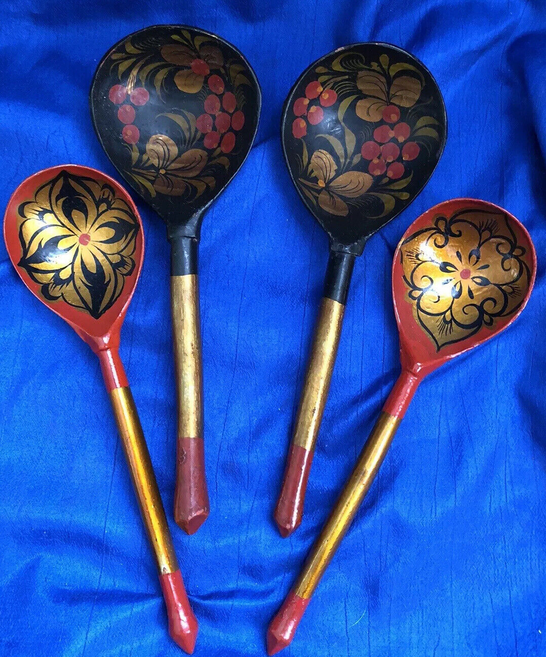 USSR Wooden Traditional Khokhloma Hohloma Set Of 4 Spoons Vintage