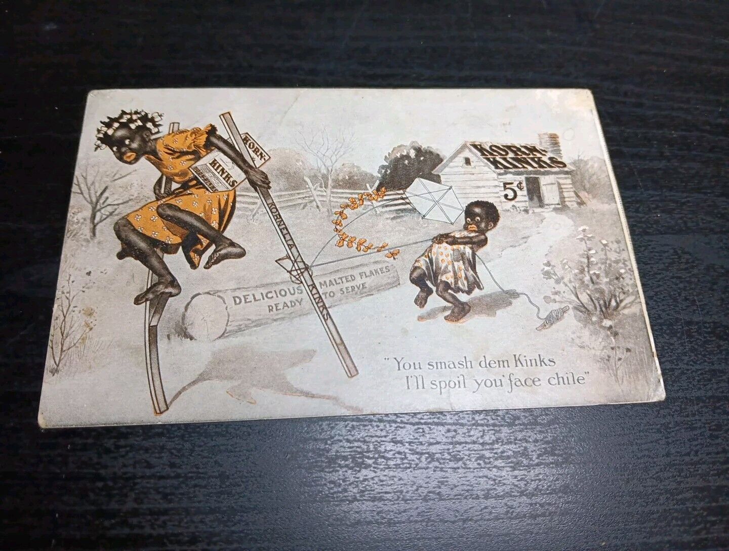 c1890's Souvenir Trade Card Korn Kinks Cereal, Flying a Kite, Walking on Stilts