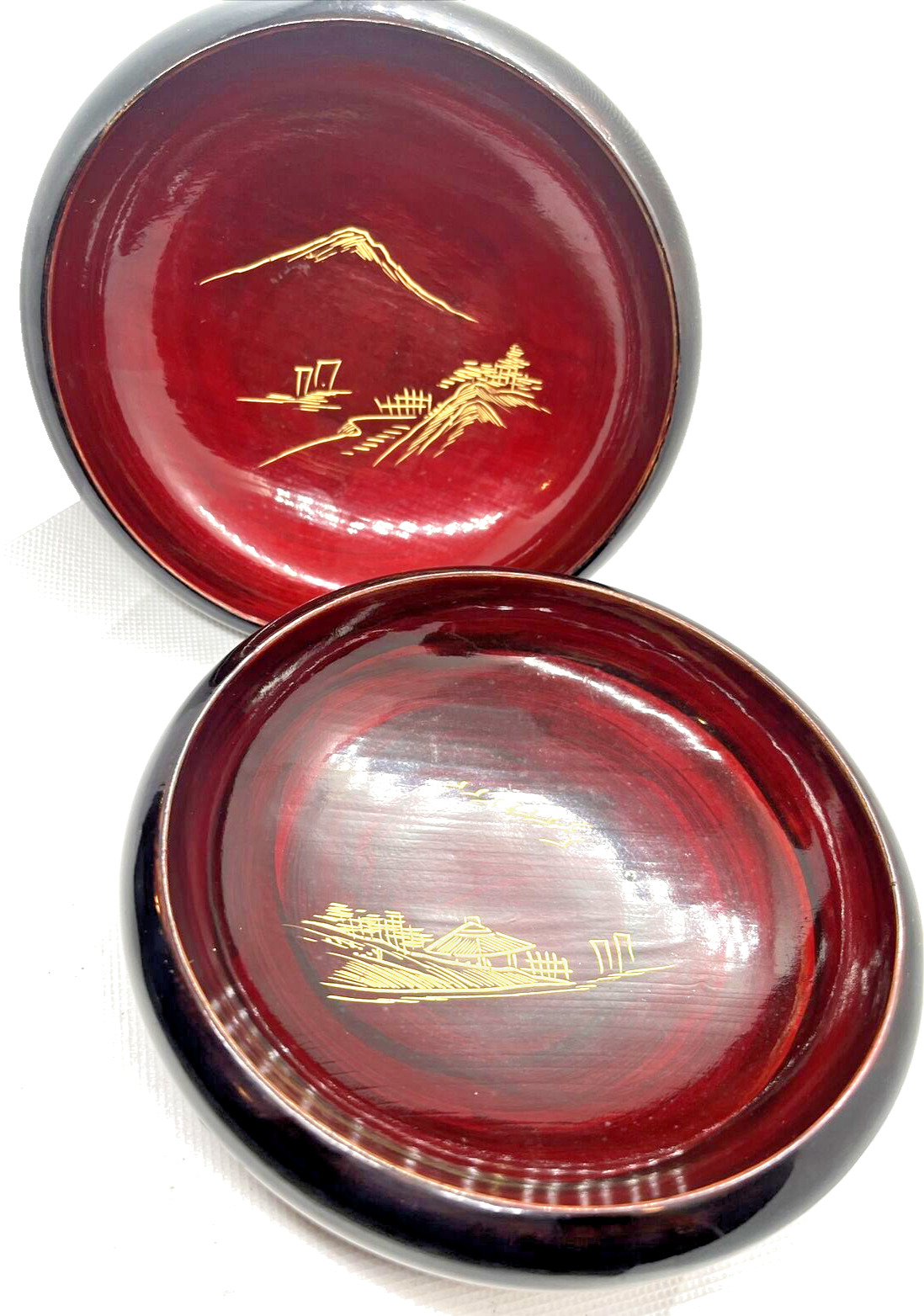 Vintage Set of 2 Red Japanese Laquered Bowls with Golden Designs 5 1/2 in