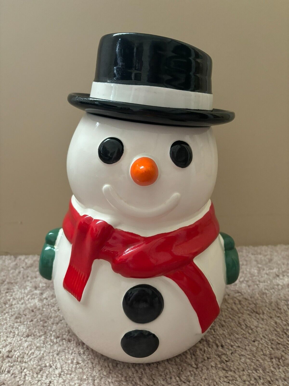 Vintage Treasure Craft Snowman Christmas Cookie Jar Used Heavy Solid Jar RARE