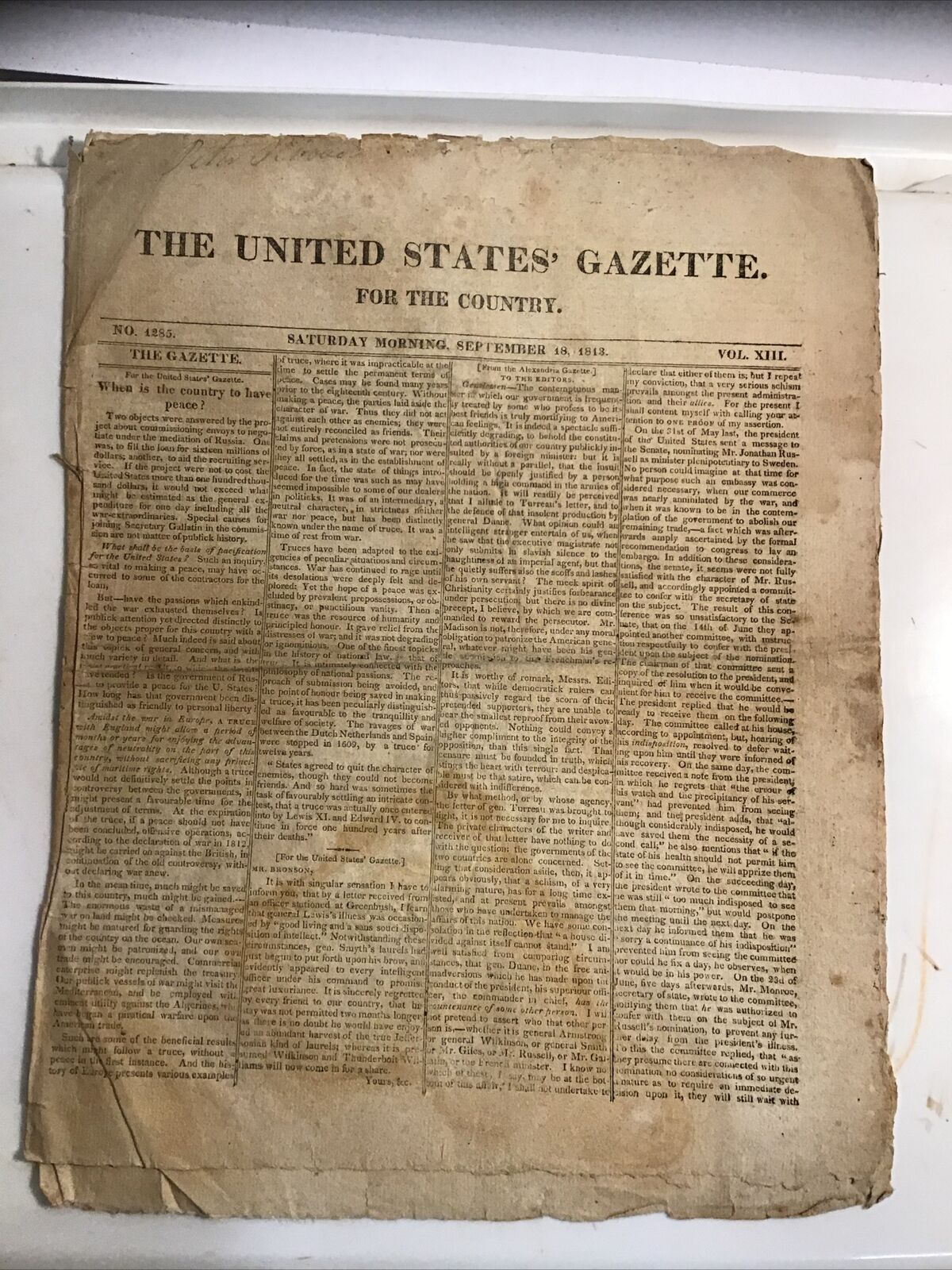The United States Gazette Sat. Sept 18, 1813 Vol. XIII for (Judge) Peter Rhoads