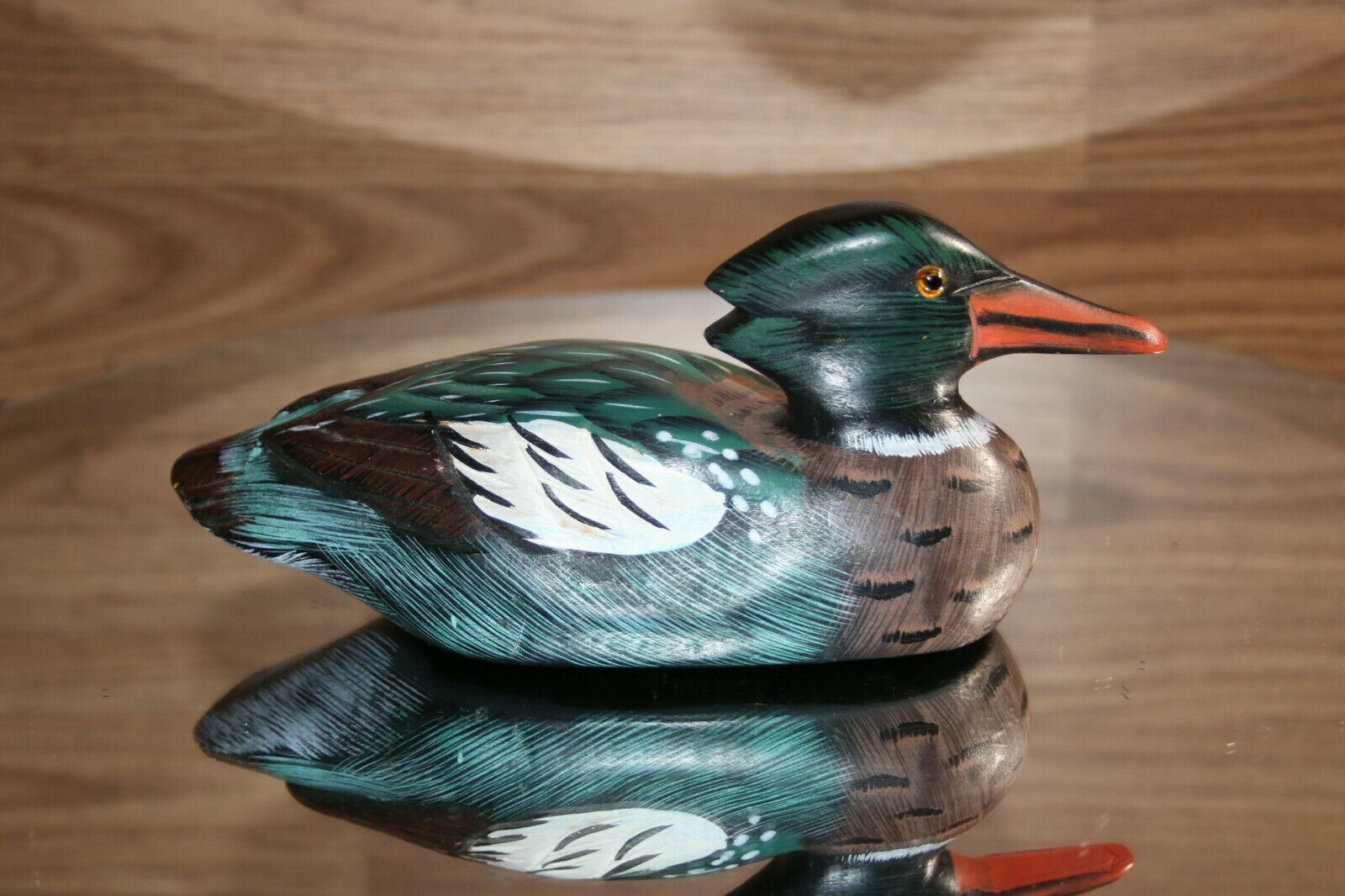 duck hand painted red breasted merganser drake  glass eyed unique vtg