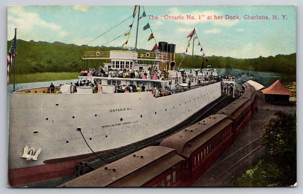 eStampsNet - Steamer Ontario No. 1 Docked with Train Cars Charlotte NY Postcard