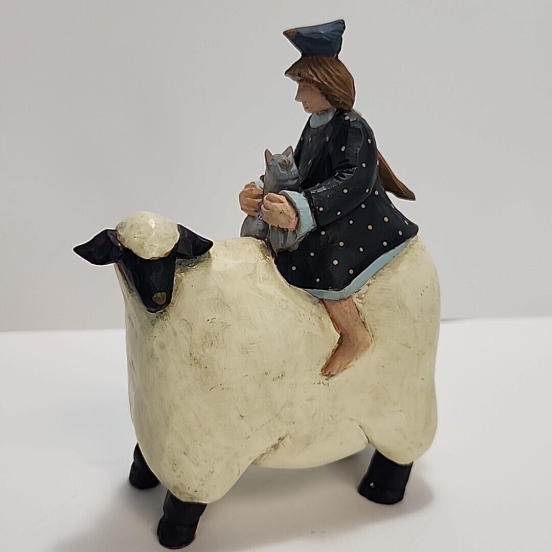 1997 Williraye Studio Lady on Sheep w/ Cat - Country Picnic Folk Art RARE