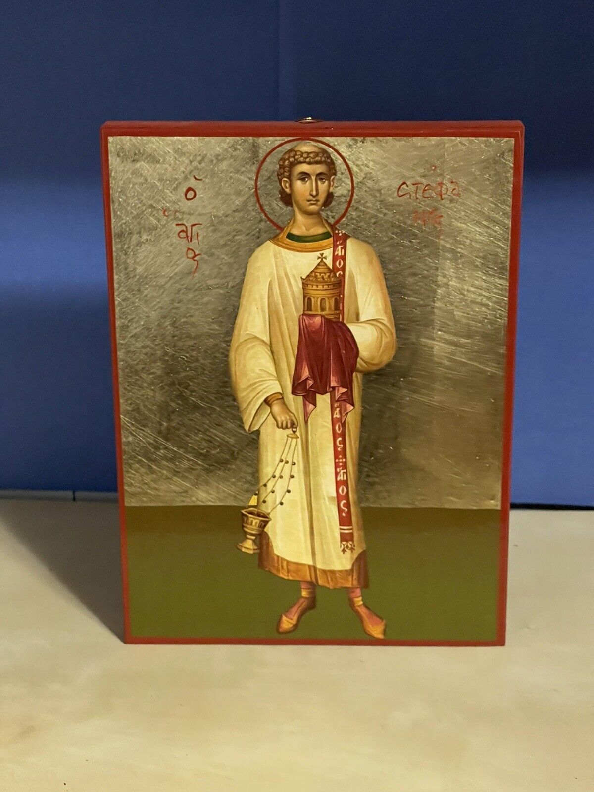 SAINT STEPHEN, THE FIRST MARTYR -WOODEN ICON FLAT, WITH GOLD LEAF 5x7 inch