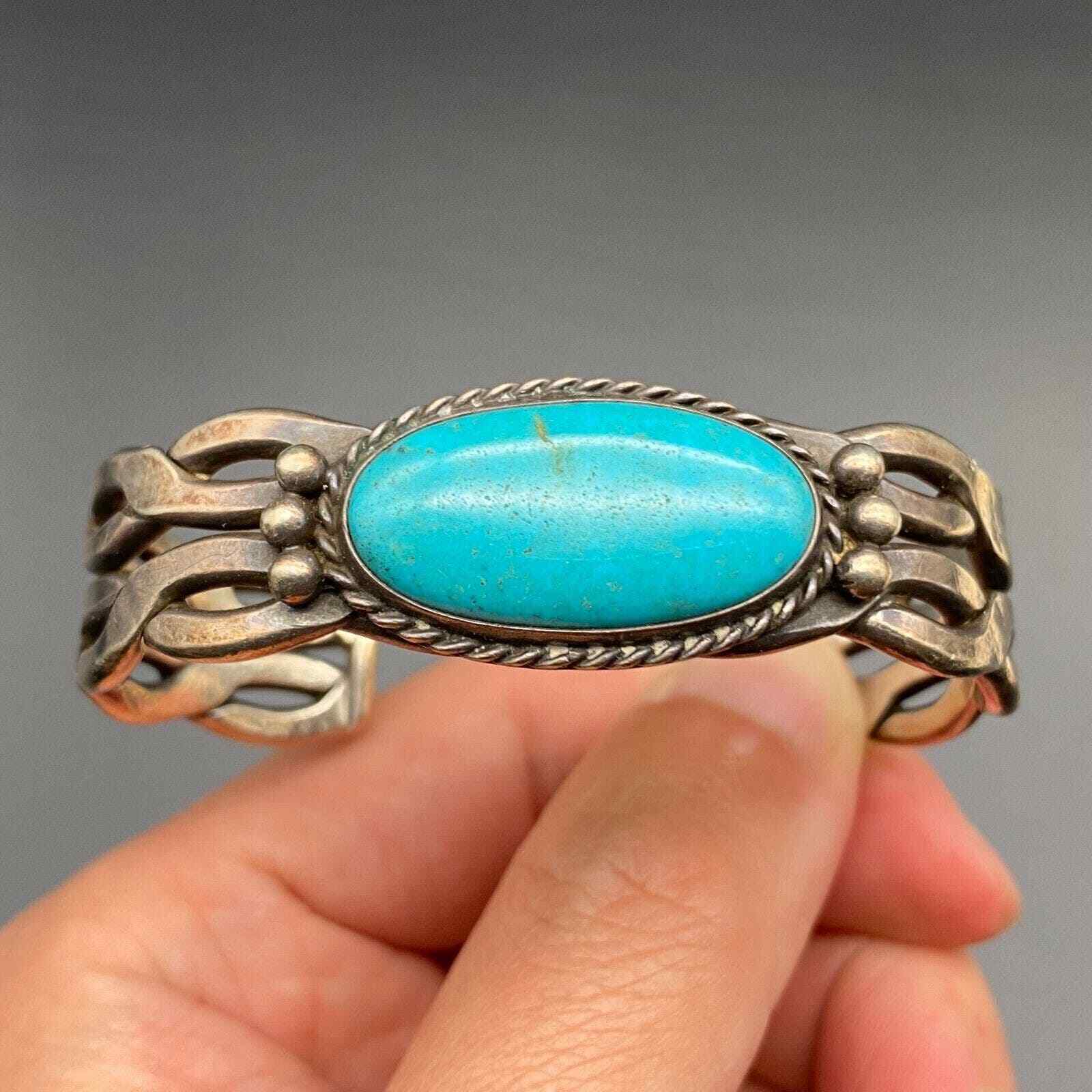 Vintage Navajo Turquoise Silver Twist Cuff Bracelet 6-3/8\