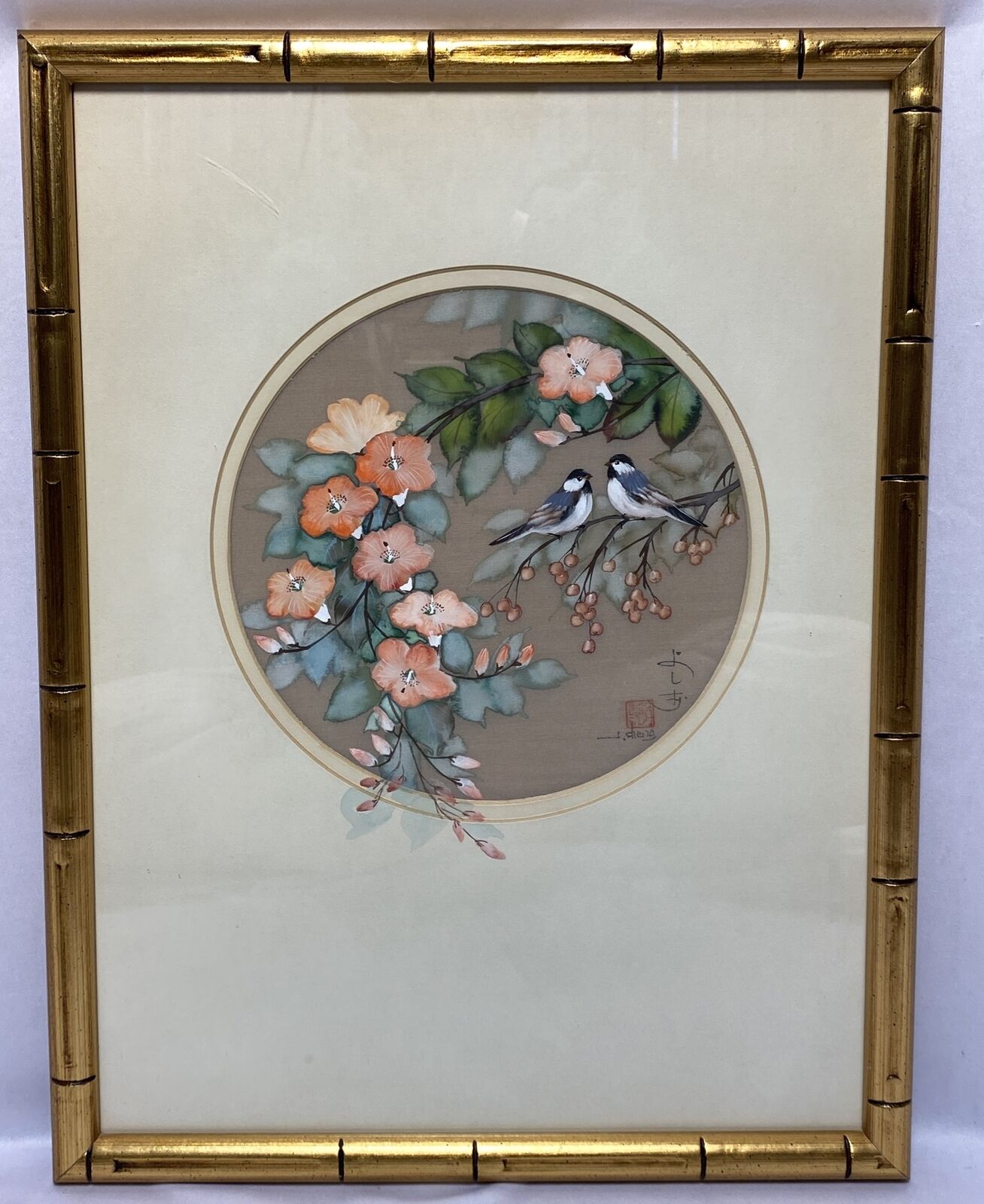 Vintage Signed J. CHENG Chinese Gouache Painting on Silk Birds & Flowers
