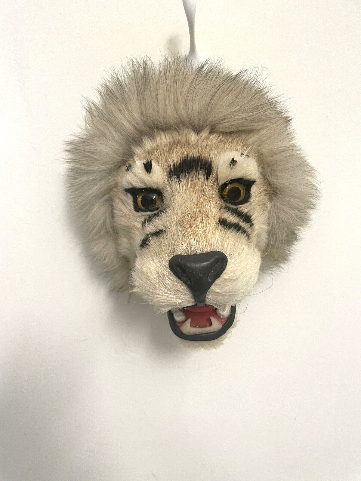 Lion Faux Fur Head Mounted  on Wood for Hanging  Vintage