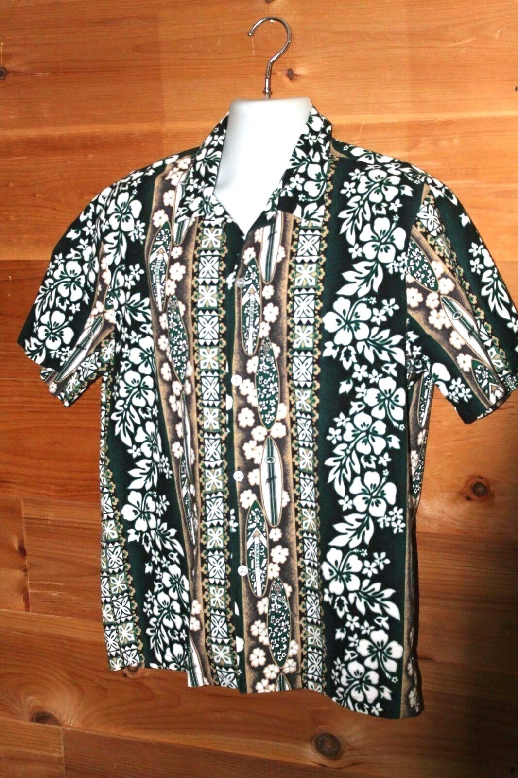 Vintage Koko Head White/Green & Gold Hawaiian Aloha Camp Surfboard Shirt Size L