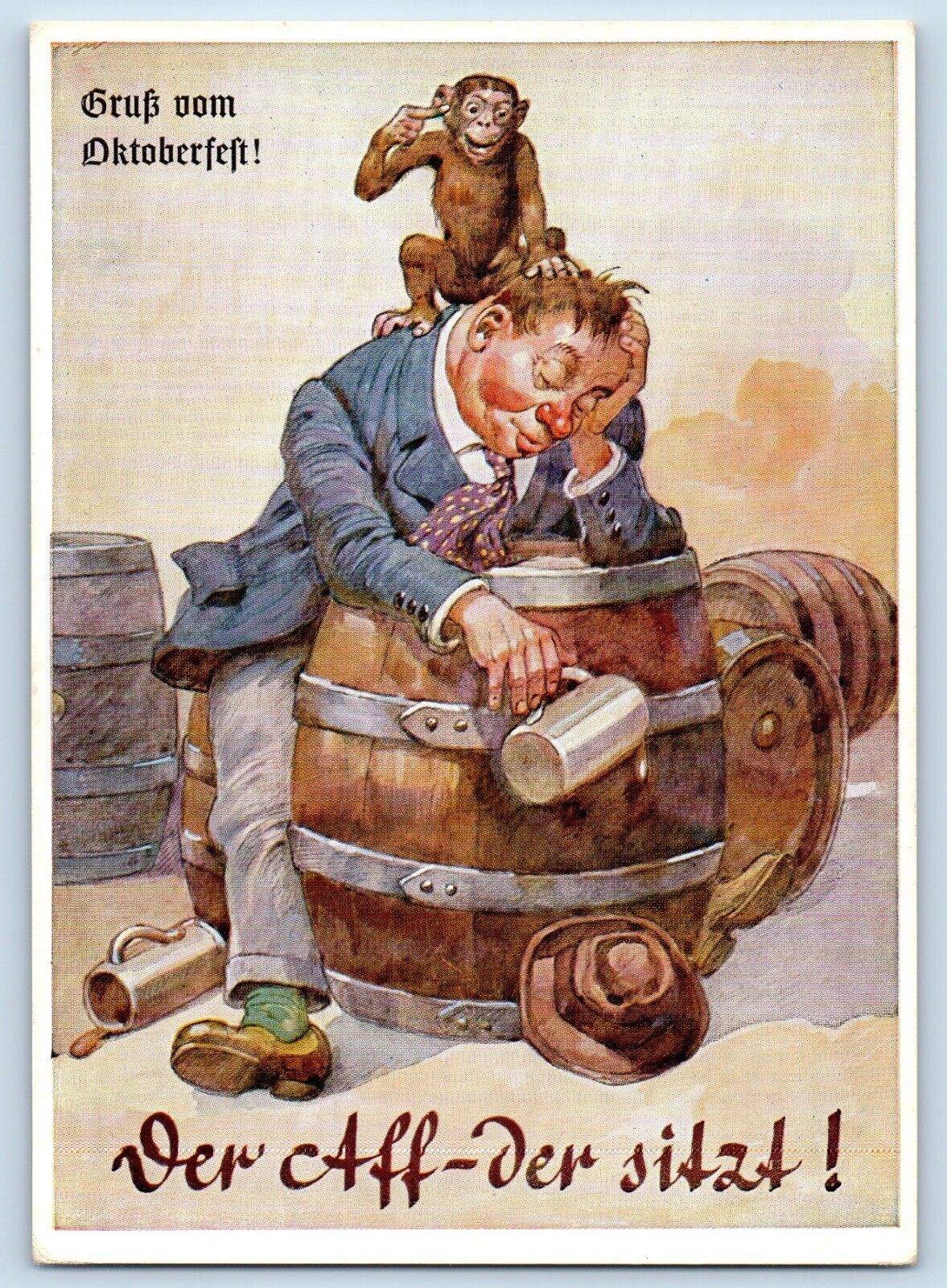 Germany Postcard Comic Humor Octoberfest Drunk Man Monkey Barrel Keg Vintage