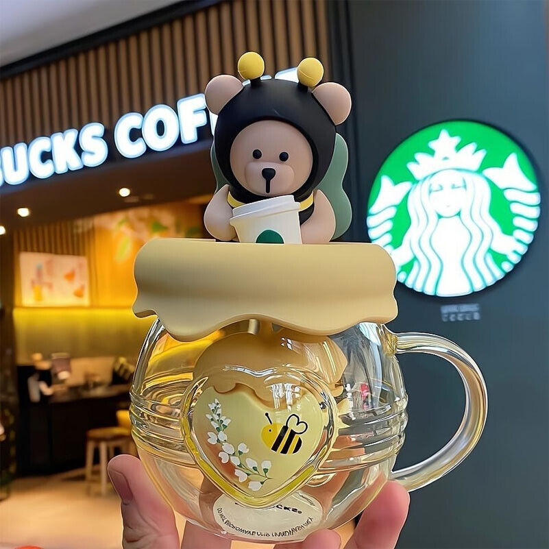New Starbucks China 2021 Cute Little Bee 410ml Honey Pot Glass Cup Mug With Lid