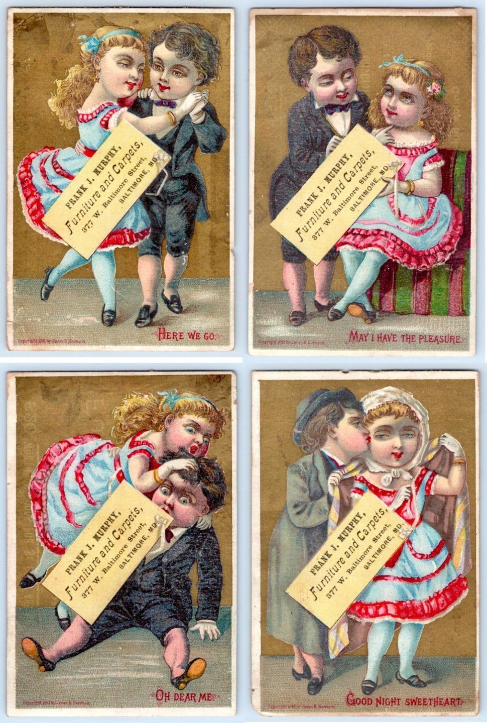 1881 SET/4 BALTIMORE MD*FRANK MURPHY FURNITURE CARPETS*DANCING COUPLE*TRADE CARD